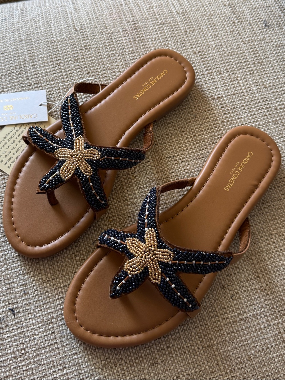 Caroline Constas Navy & Tan Starfish Beaded Flip Flop Beach Sandals - Picture 15 of 16